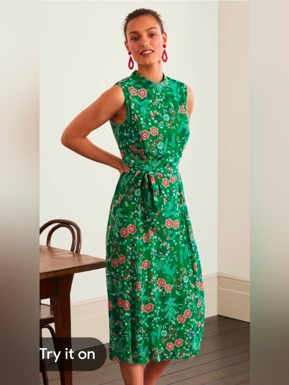 Boden Green Floral Midi Dress with Tie Waist - Size 14